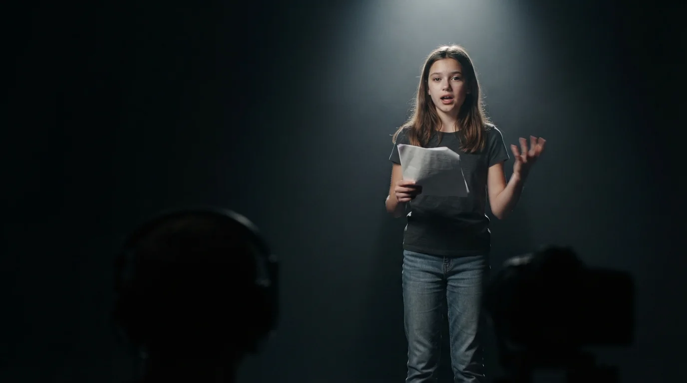 Acting class for kids: a girl reads her lines from a script under a spotlight while a camera operator films her